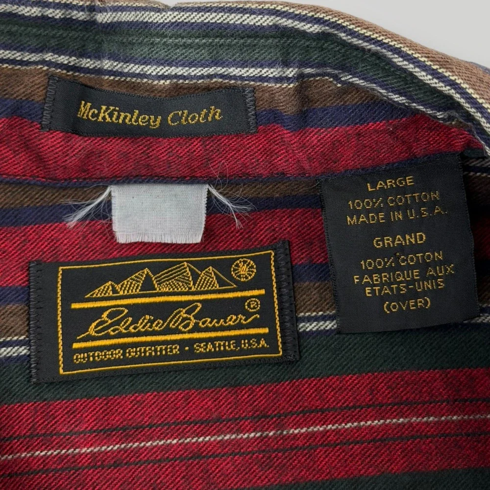 Vintage Eddie Bauer McKinley Cloth Striped Flannel Shirt Mens Large USA Red